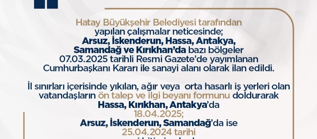Hatay’da 6 bölge sanayi alanı ilan edildi
